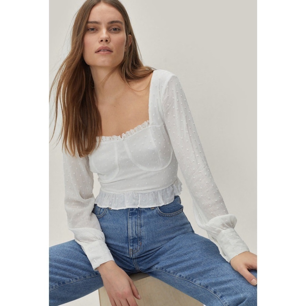 Nasty Gal Cupped Square Neck Ruffle Hem Blouse in White Size 6 New
